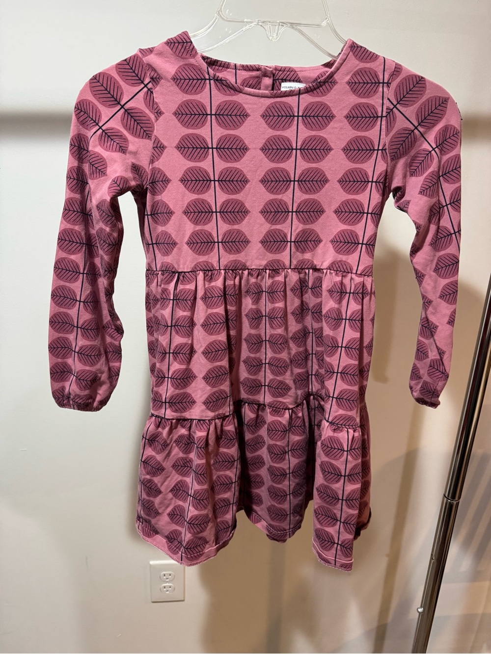 Polarn O. Pyret Mauve Pink Leaf-Print Long Sleeve Tiered Dress